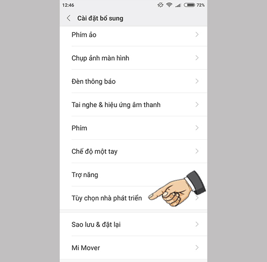 Vào tùy chọn nhà phát triển